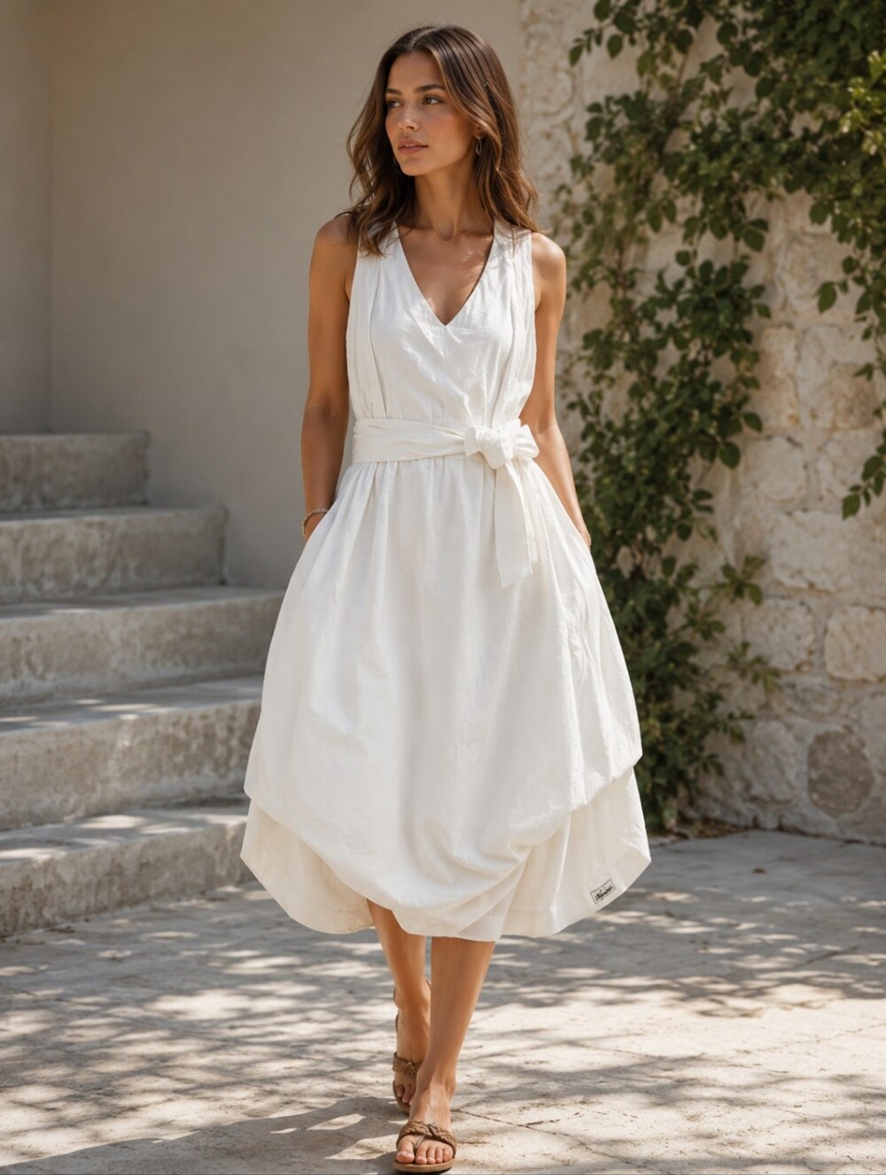 Claudio Milano White Linen Sundress Sleeveless V-Neck Balloon Skirt Medium
